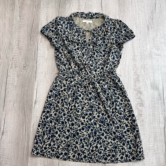 Ann Taylor LOFT Tan/Blue/Black Knee Length Floral Dress WMNS M Ruffle Tie Neck - Picture 7 of 12